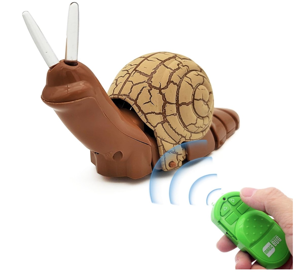 brown snail toy with green infrared remote control