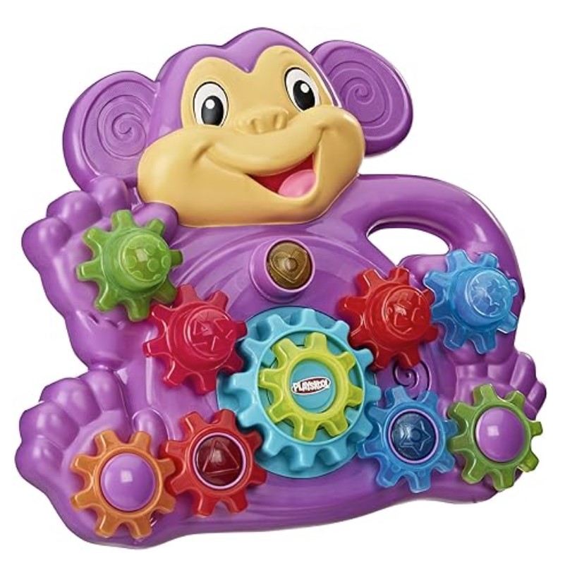 purple monkey toy with colorful gears that move when a switch is activated