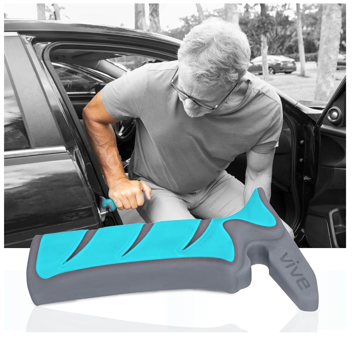 Teal and gray handle that is inserted into car door frame to assist with standing